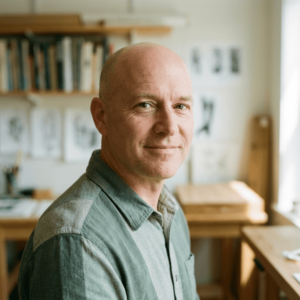 Bald man in a green shirt smiling in a studio with bookshelves and sketches.