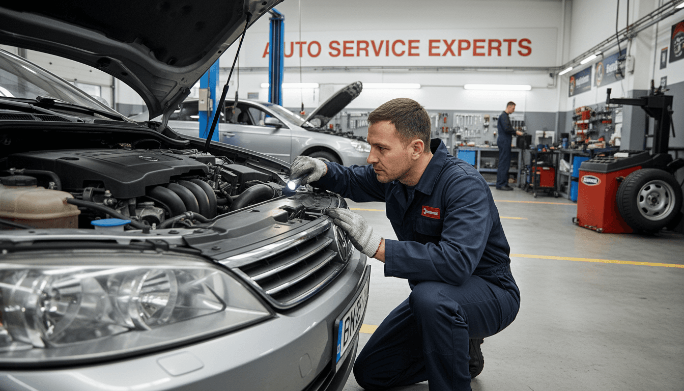 Mechanic inspecting a car engine in a repair shop