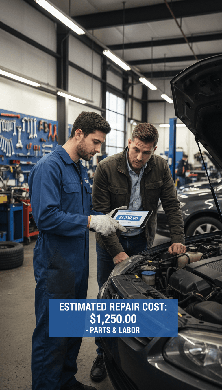 Mechanic showing a customer the repair estimate at the shop counter