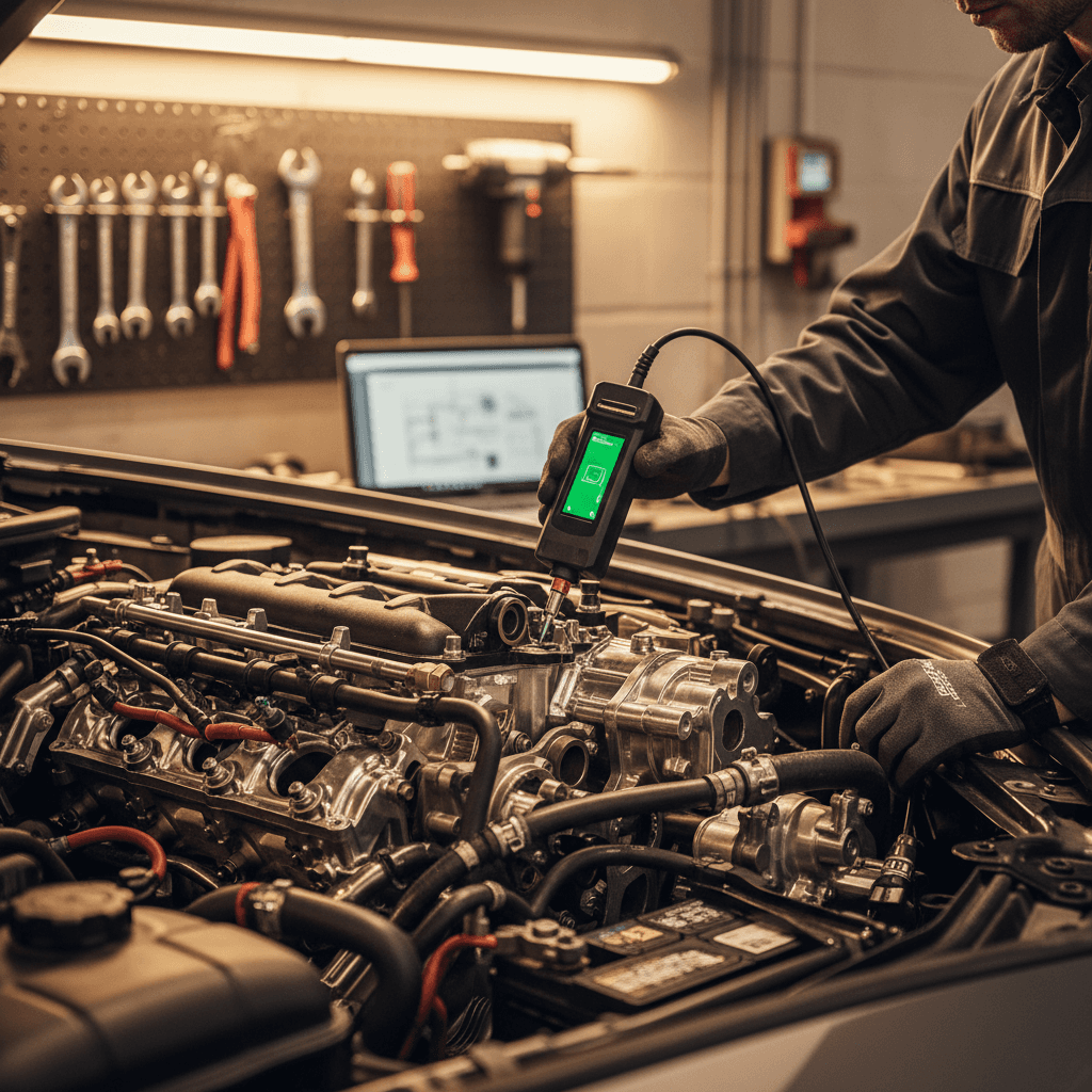 Mechanic inspecting an engine in an auto repair shop