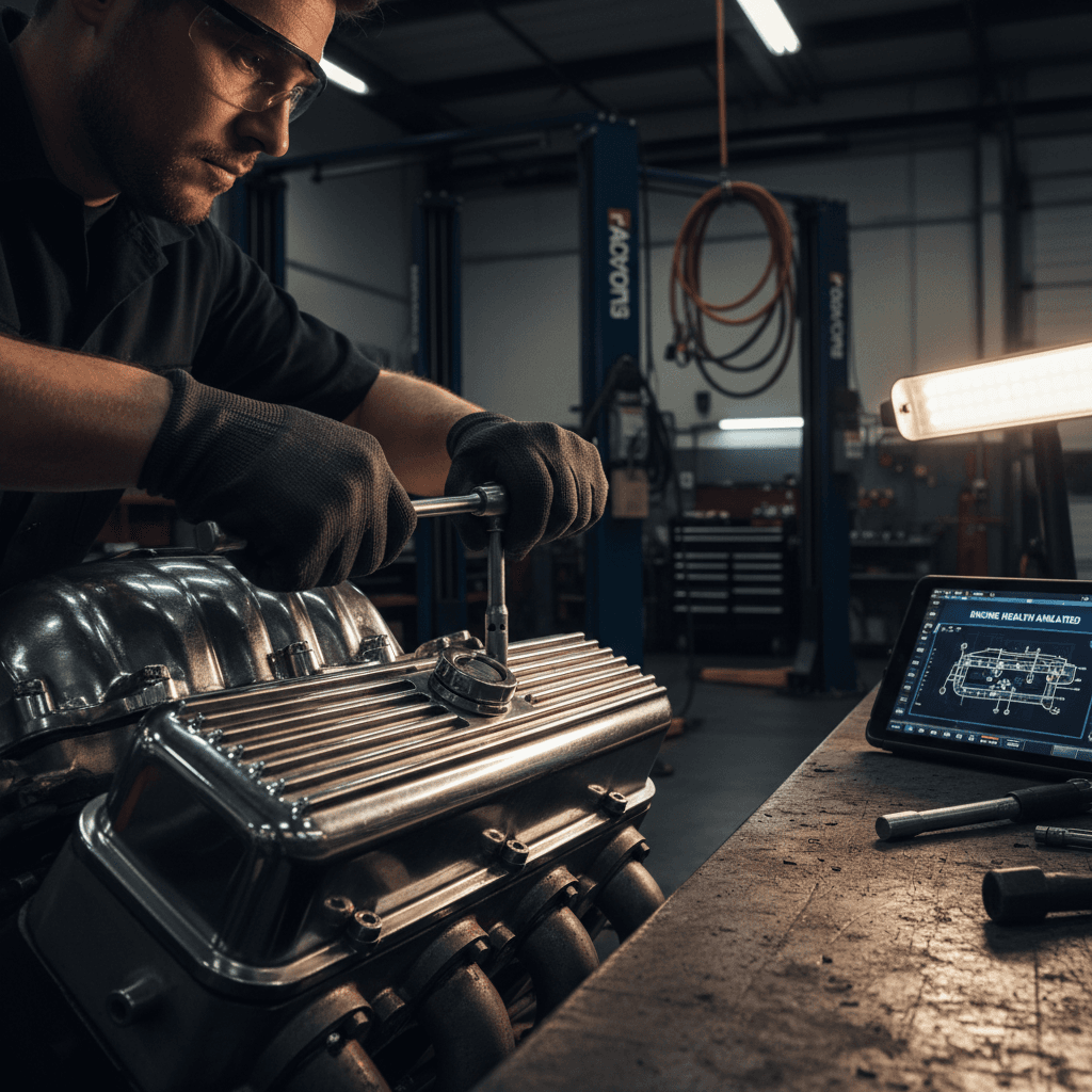 Mechanic working on a car in a clean auto shop