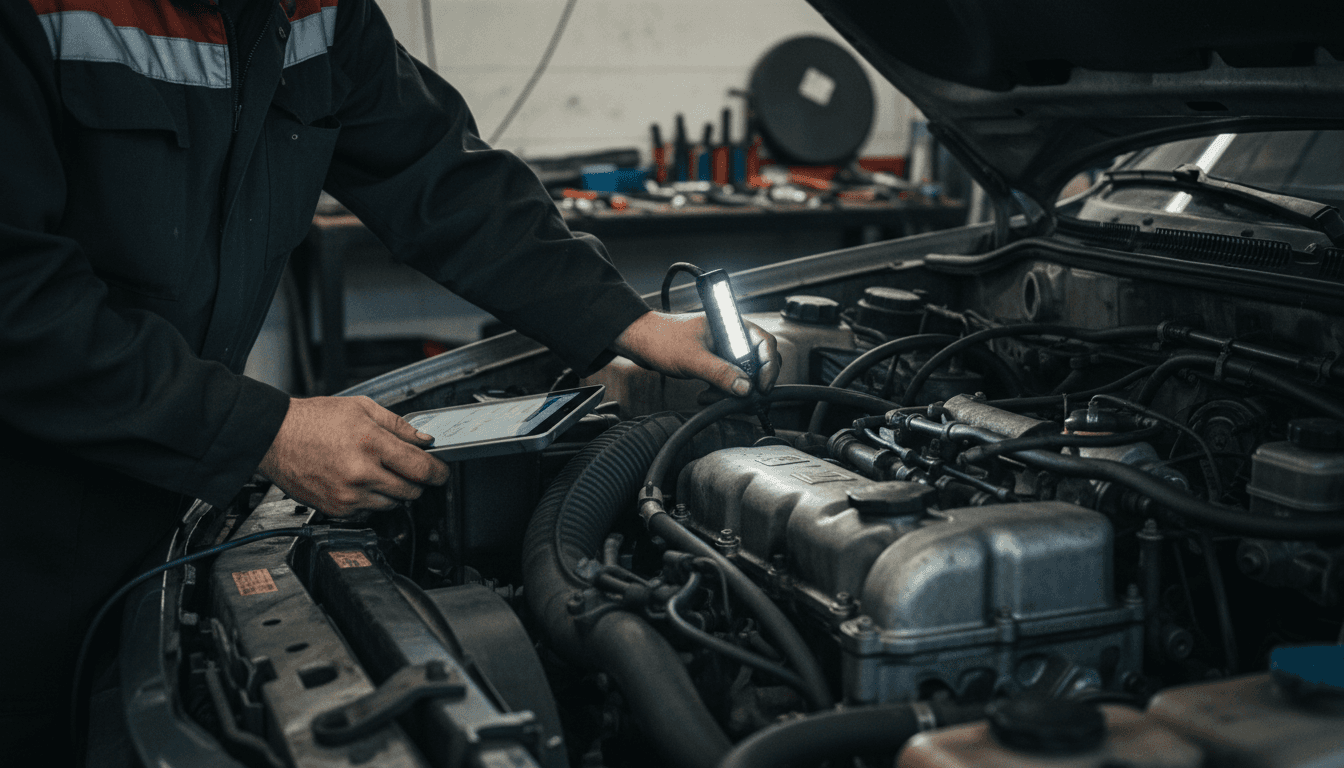 mechanic inspecting a car engine at the shop